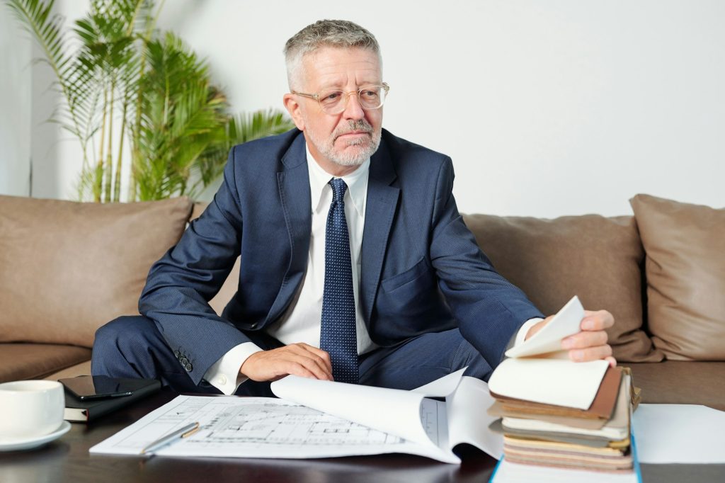 Senior engineer choosing upholstery fabric